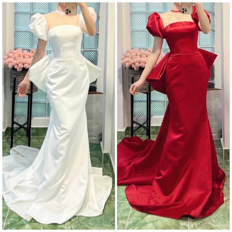 Đầm maxi mặc cưới đuôi cá tay dài kết bông hoa nổi TRIPBLE T DRESS - size M/L - MS181Y