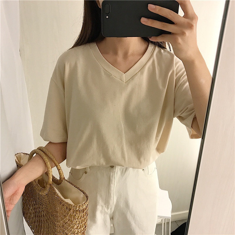 Áo Thun Tay Ngắn Màu Sắc Đơn Giản Phong Cách Hàn Quốc