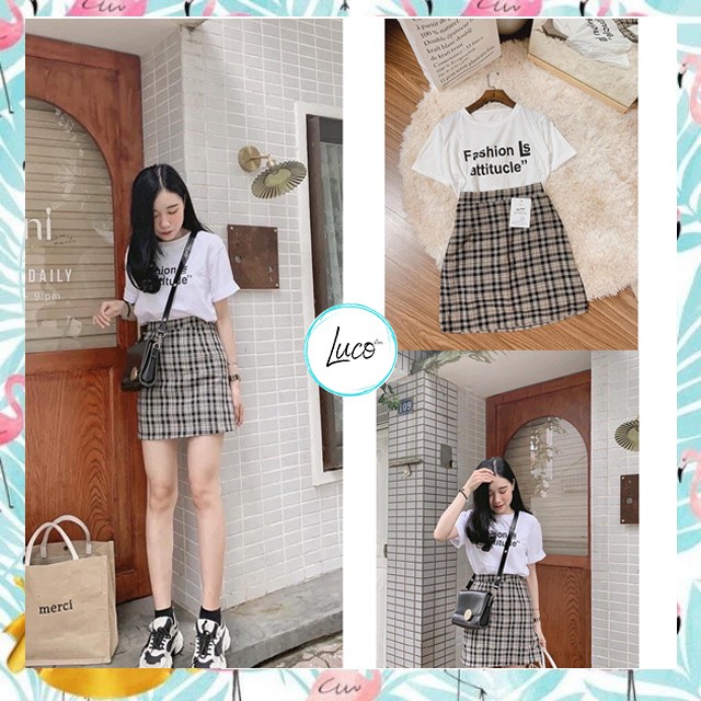 Set váy fashion áo cotton mix chân váy caro hack tuổi, mặc đi làm đi chơi đều đẹp( ảnh thật+ đánh giá)- Luco store