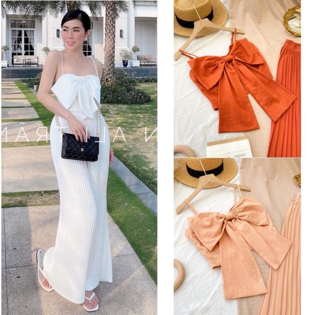 Set bộ áo croptop mùa hè phối nơ ngực 2 dây kèm quần suông dập ly có size