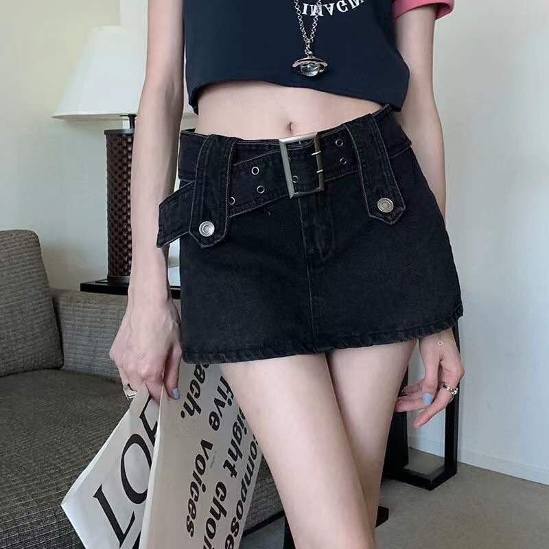 Chân váy jean denim cạp cao phong cách retro có quần lót trong