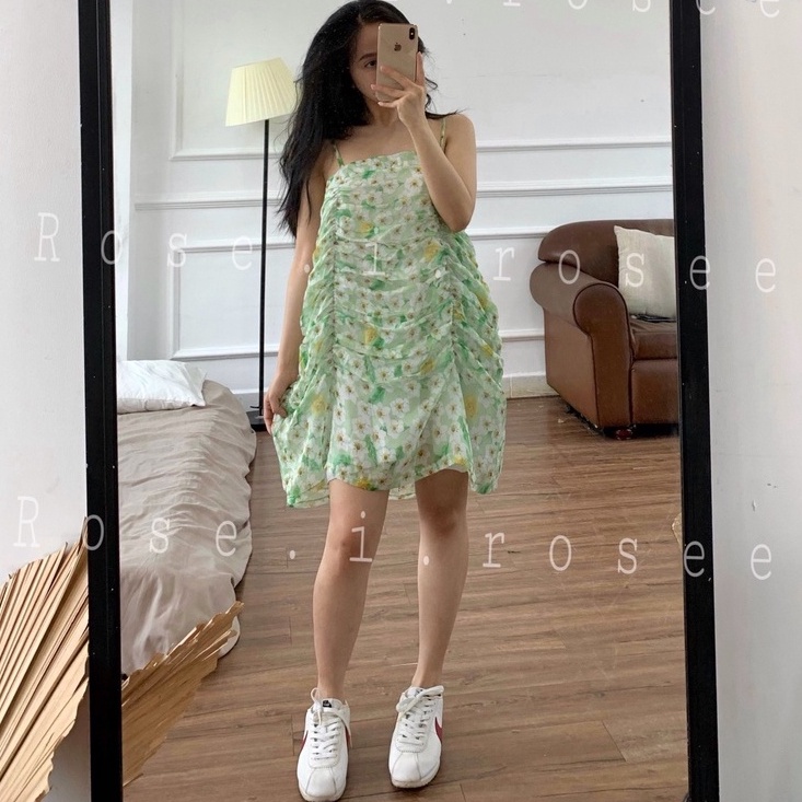Đầm xanh voan hoa nhúng