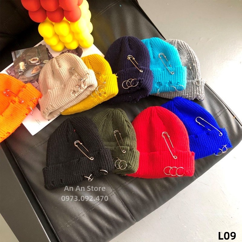 Nón Len Rách Đính Khuyên phong cách Unisex - Mũ Len Đính Khuyên Distressed - L09