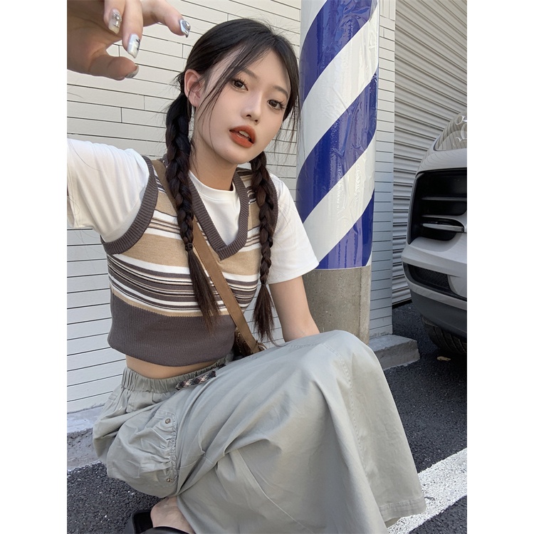 HUANG YOYO Áo Dệt Kim Hai Lớp Họa Tiết Kẻ Sọc Màu Tương Phản Thời Trang Hàn Quốc Dễ Phối Đồ
