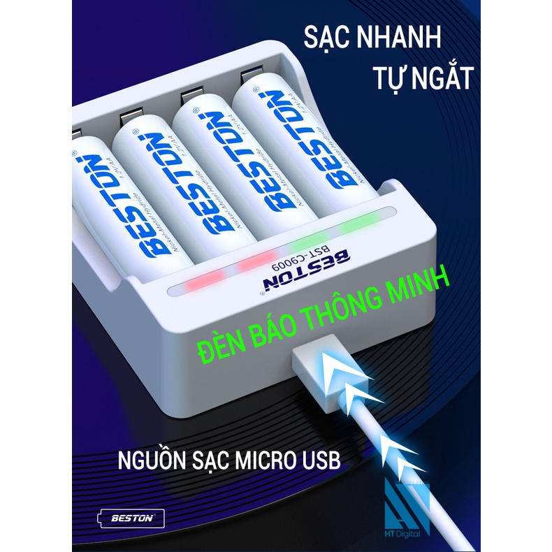 Bộ Sạc AA AAA Tự ngắt + 4 Pin AA 3000mAh Beston dùng thay thế cho pin AA 1.5V micro, đồ chơi, đèn pin