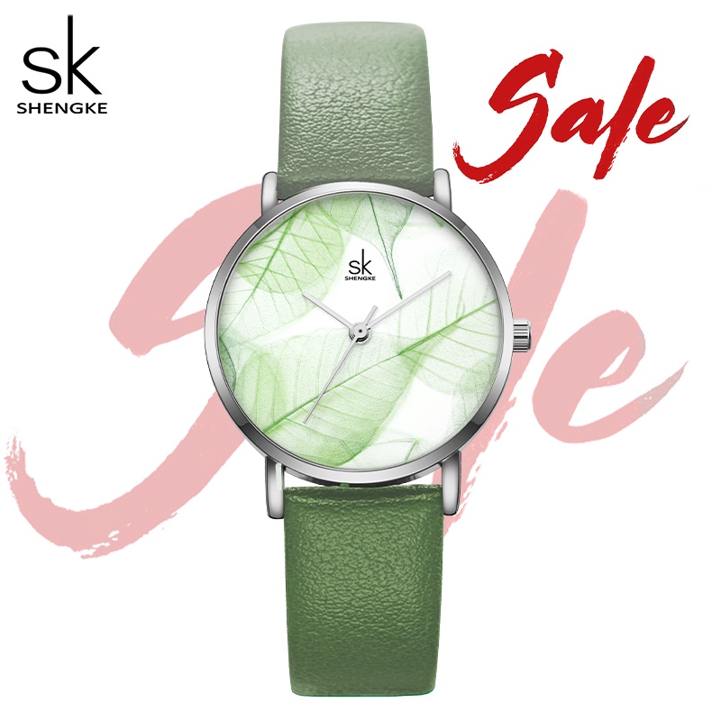 Đồng hồ đeo tay Shengke K0108 màu xanh lá cây thiết kế thạch anh đơn giản sang trọng cho nữ