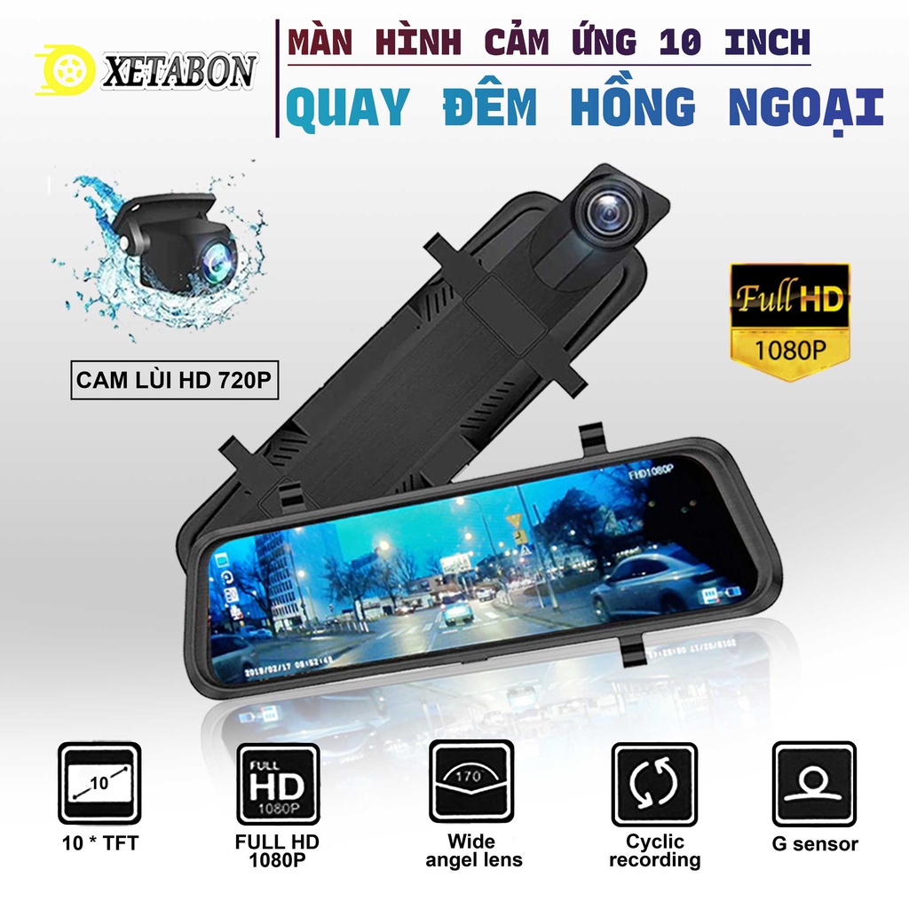 Camera hành trình ô tô X10 dạng gương chiếu hậu trước sau FullHD, Có Wifi kết nối điện thoại, quay đêm sắc nét, BH 12T