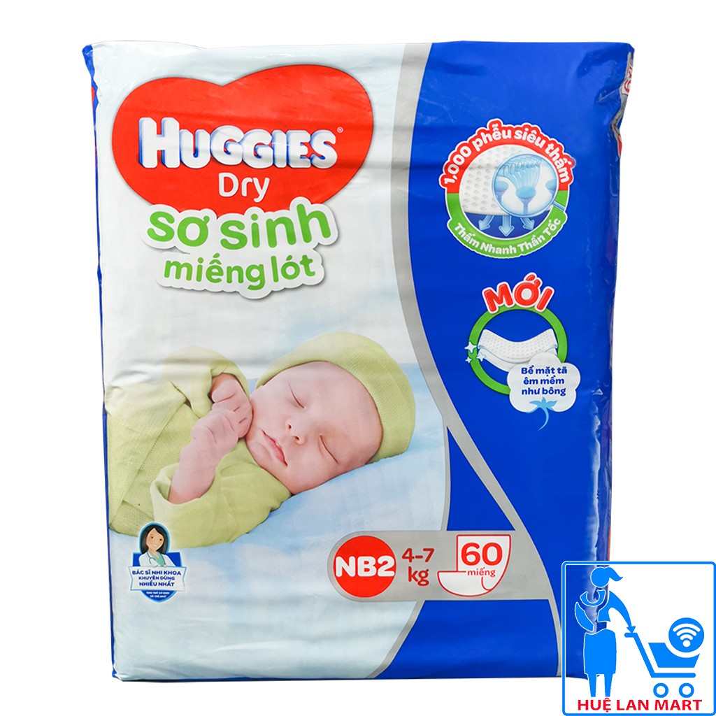 [CHÍNH HÃNG] Miếng Lót Sơ Sinh Huggies Dry NB2 - Bịch 60 Miếng (Cho bé 4-7 kg)