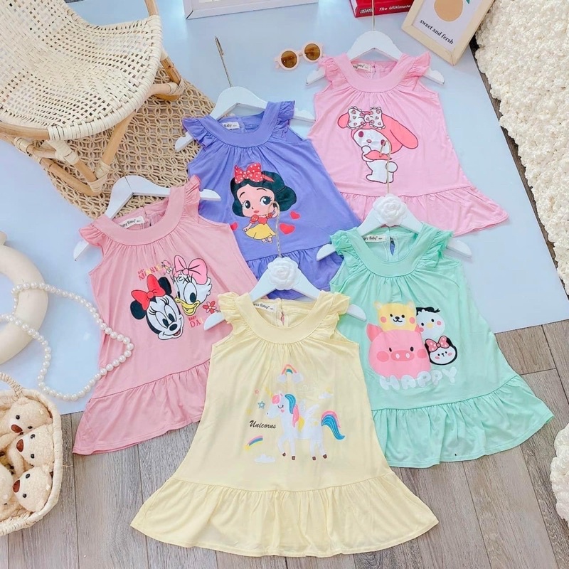 Đầm thun lạnh cánh tiên in hình dễ thương cho bé Size 80-120