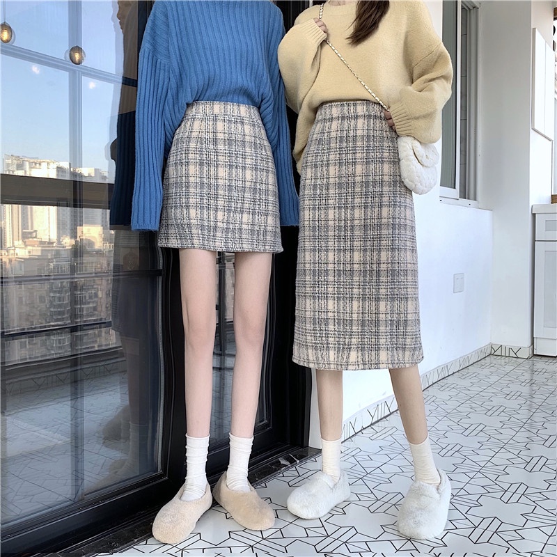 Chân váy dạ chữ A dáng ngắn + dài họa tiết kẻ ô phong cách hàn quốc thu đông 2021 - Uri13