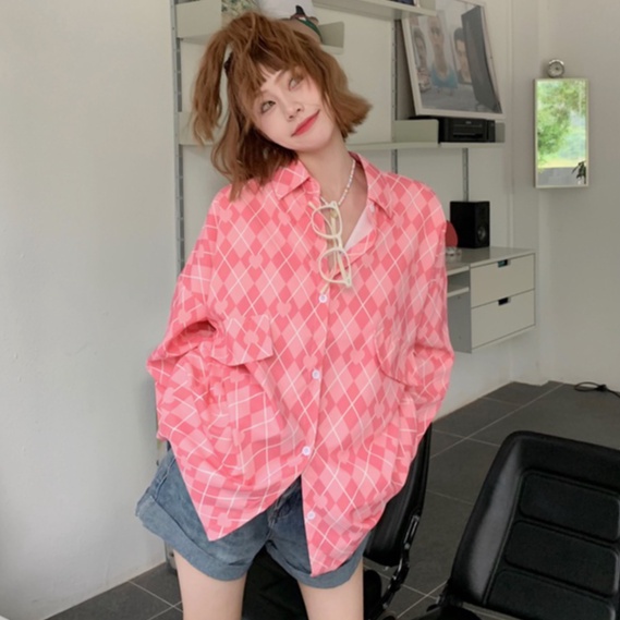 Áo sơ mi ZHELIHANGFEI tay dài dáng rộng họa tiết sọc theo phong cách Nhật Bản dễ phối đồ cho nữ