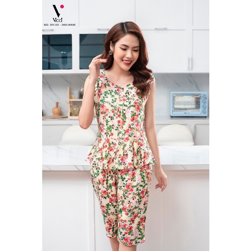 Bộ mặc nhà lanh Vicci BN93 áo sát nách dáng peplum phối quần lửng lưng thun in họa tiết