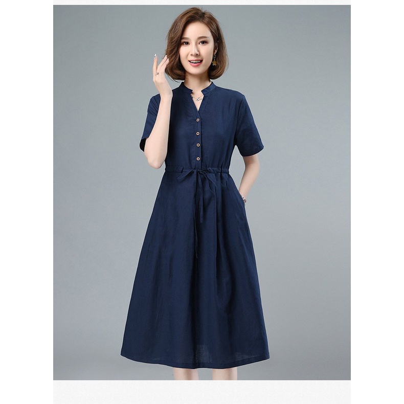 Đầm Linen công sở, Váy midi nữ cổ V ngắn tay chất linen mềm Da160