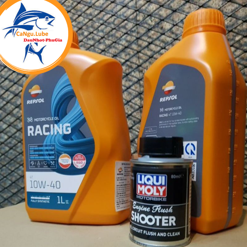 Combo nhớt repsol racing 10w40, nhớt cao cấp kết hợp súc động cơ Liqui moly SHOOTER