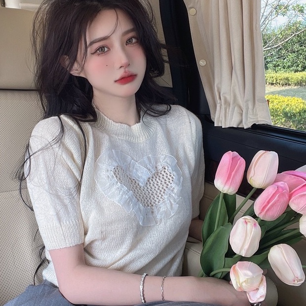 Áo dệt kim ZHELIHANGFEI tay ngắn dáng rộng thêu hình trái tim thiết kế khoét rỗng dành cho nữ