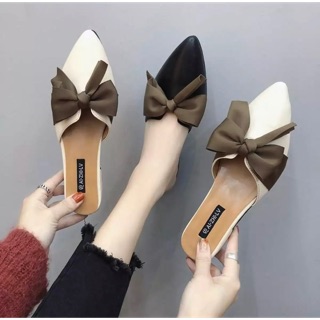 Giày sục nữ thắt nơ mũi nhọn đế cao 3cm da mềm siêu đẹp