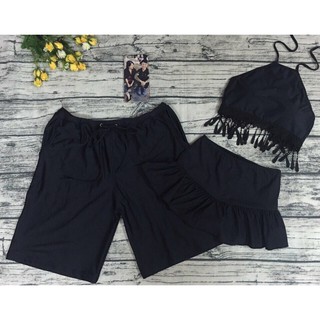 (Giảm giá)Set bikini đôi đi biển màu đen, áo yếm, váy xoè, đủ size nam 50-90kg, nữ 42-69kg