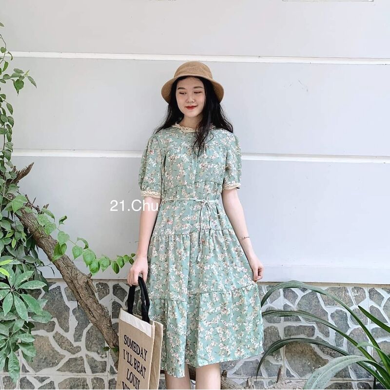 Váy đầm hoa viền ren cộc tay xmay Tkutrang