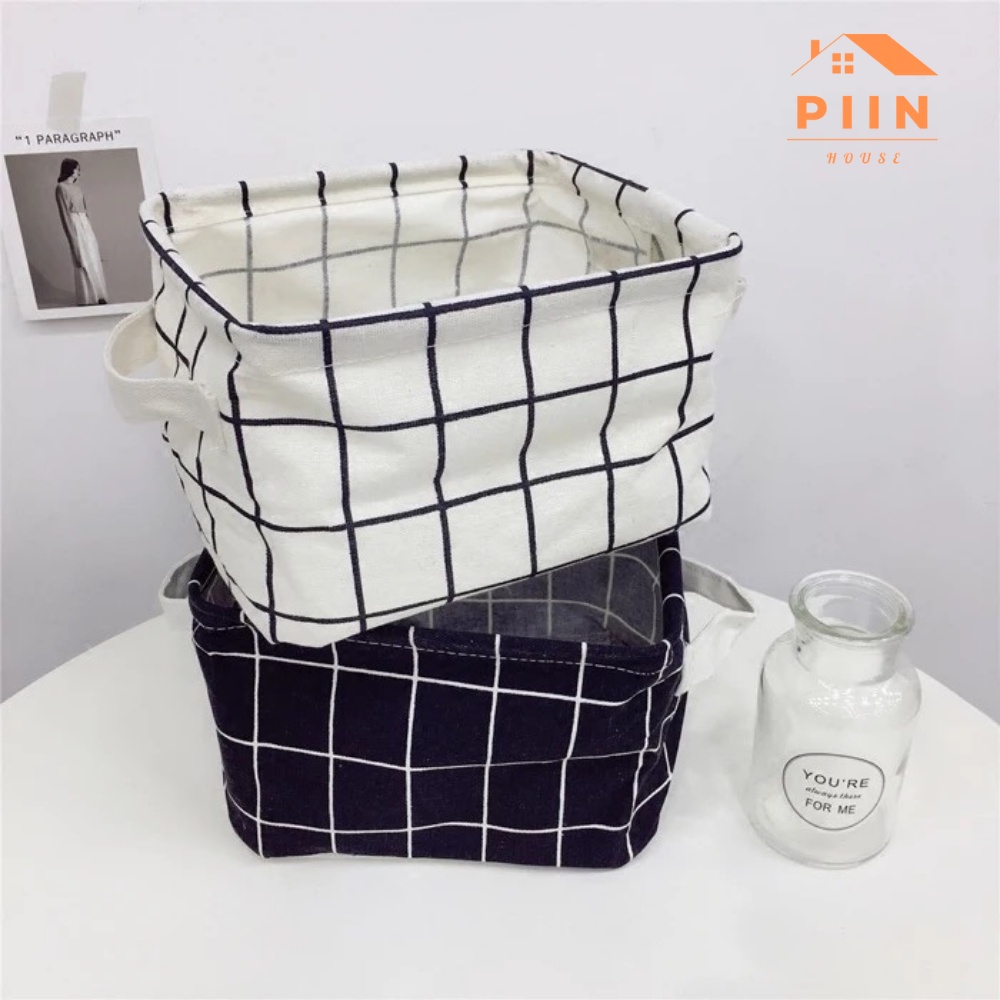 Giỏ đựng đồ cá nhân kẻ caro bằng vải canvas đa năng gấp gọn thông minh để bàn – PIIN HOUSE
