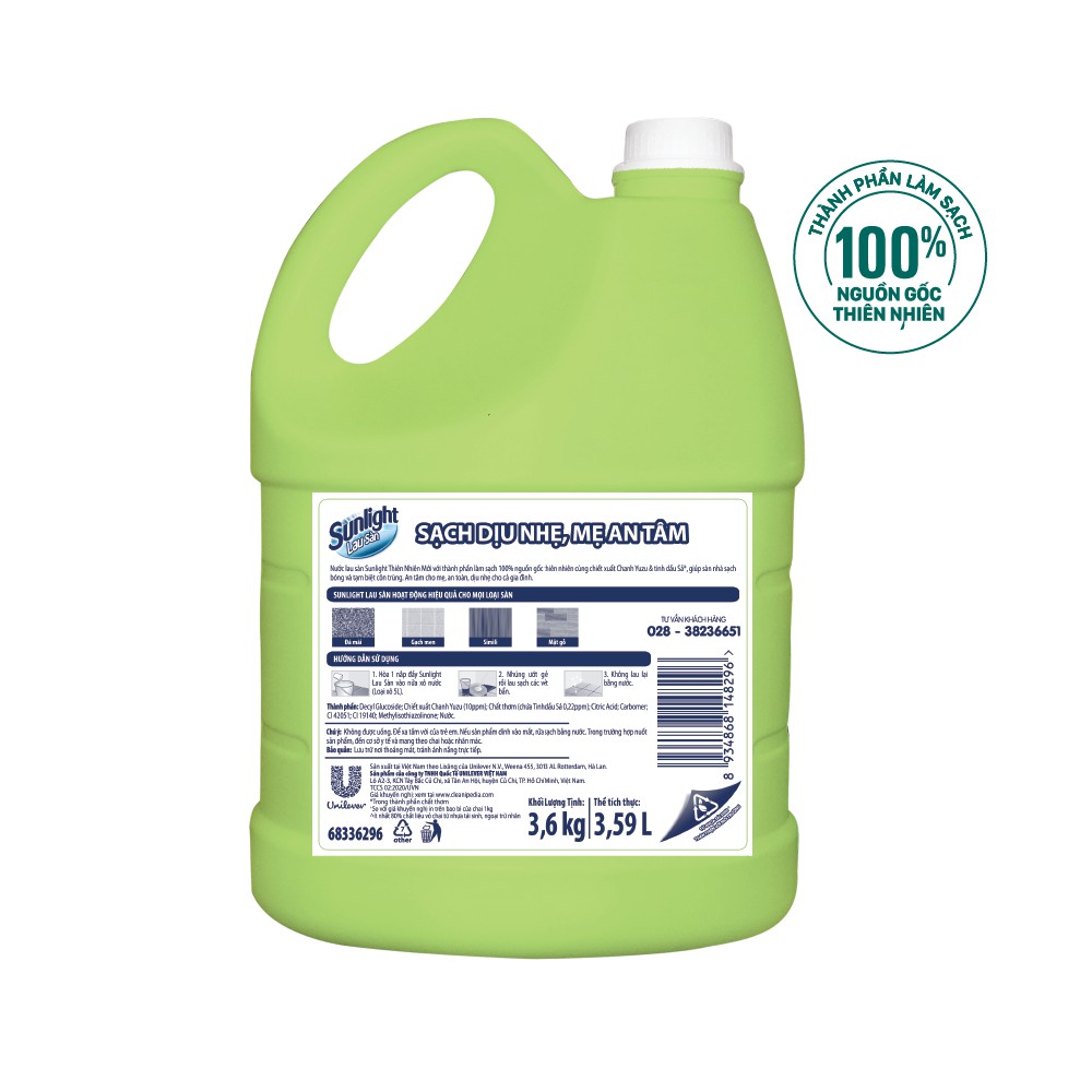 Nước Lau Sàn Sunlight Tinh Dầu Thảo Mộc Hương Hương Chanh Yuzu &amp; Sả 3.6 Kg - Sạch Thơm Thư Thái - Nhà Thêm Trong Lành