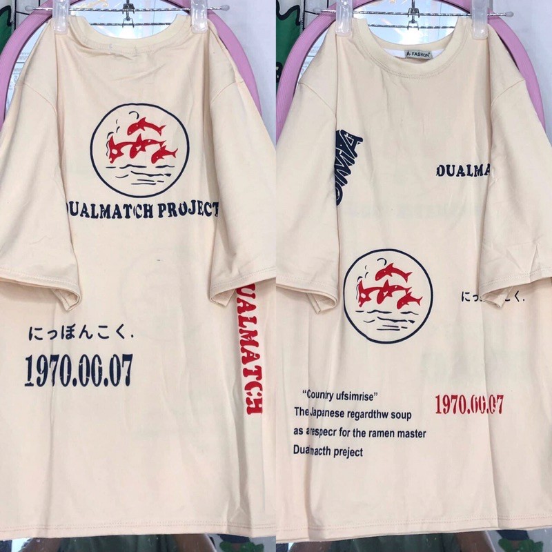 Áo thun phông tay lỡ Màu be form rộng unisex, in hình cá tính, vải co giãn, nhẹ mát