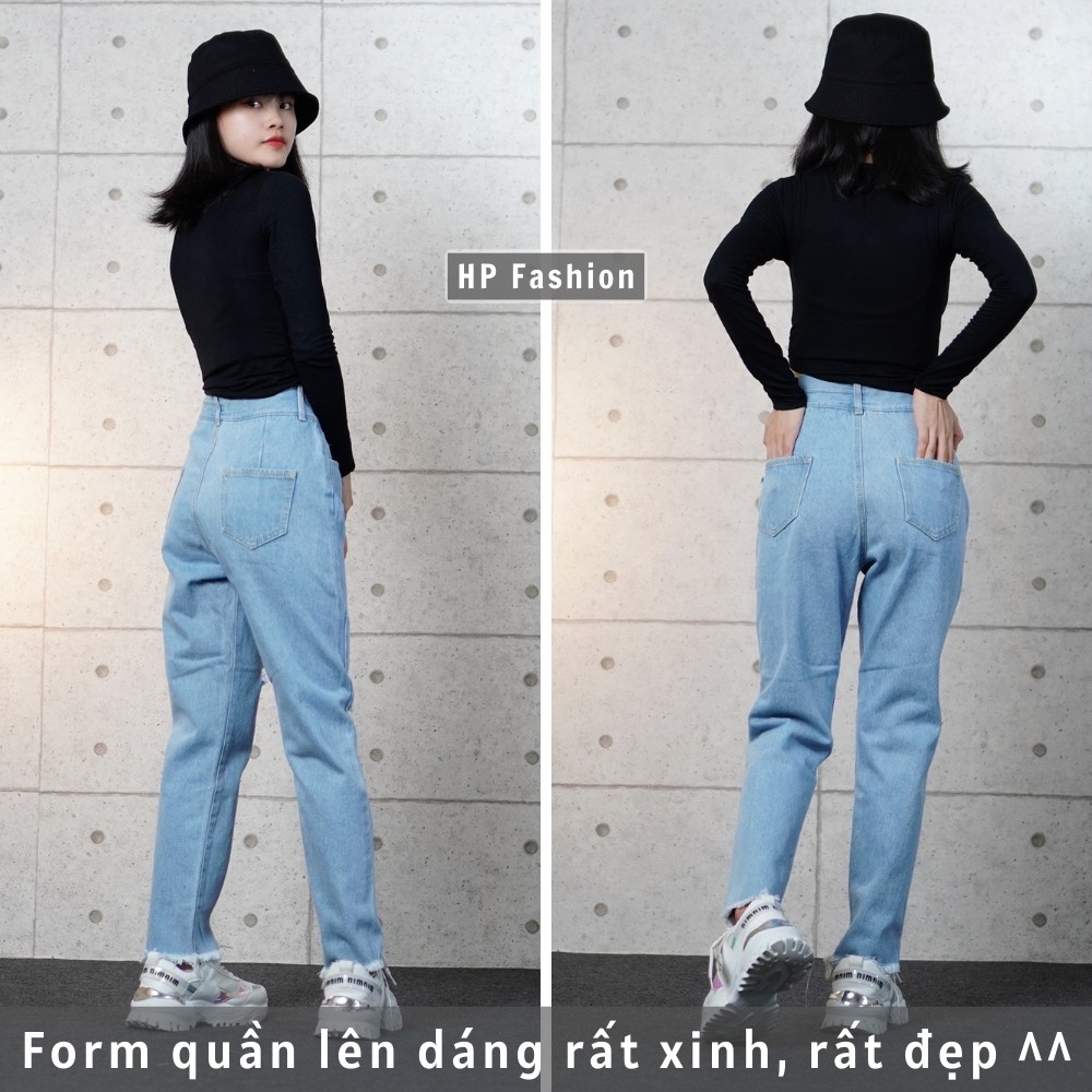 Quần baggy nữ ❤️ Quần jean cạp lưng cao 2 nút, gấu tua rua chất bò dày dặn trẻ trung - QJ06