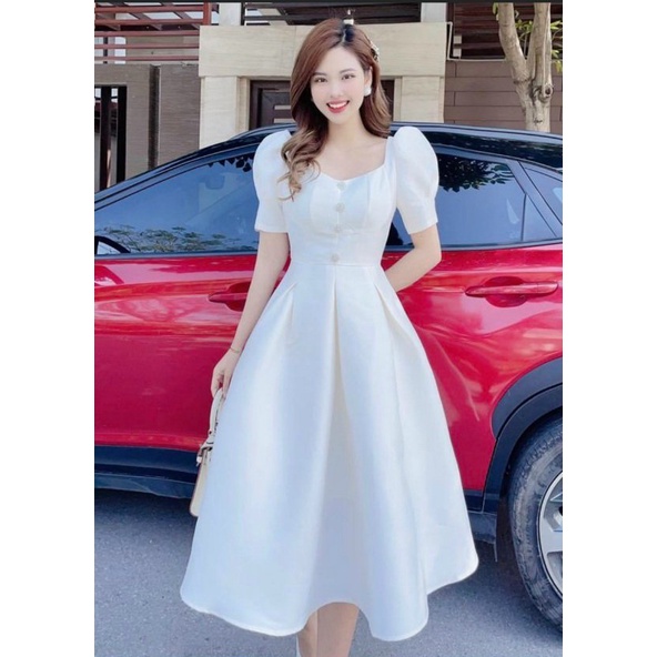 ĐẦM ĐI TIỆC TAY PHỒNG ÔM EO DÁNG XÒE QUA GỐI THANH LỊCH, CHẤT VẢI TAPPTA LOẠI 1 DÀY ĐẸP