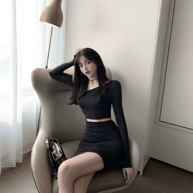 Đầm Thun Borip Ôm Body - Dáng Ngắn Lệch Vai Tay Dài Khoét Eo Sexy | BigBuy360 - bigbuy360.vn
