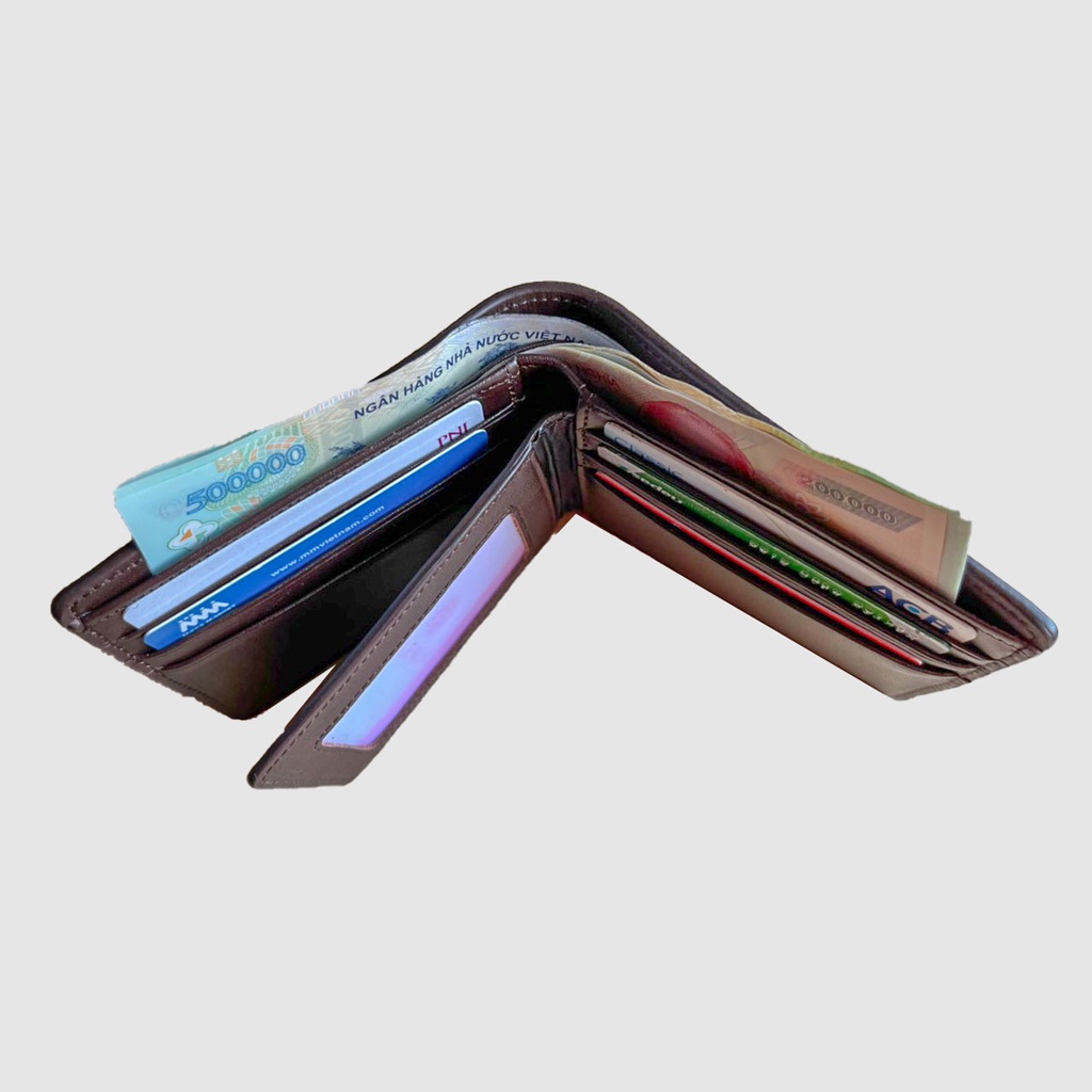 Ví nam da bò thật Elenda cao cấp nhiều ngăn dáng ngang da vân trơn mịn dày và độ bền cao : VIE012