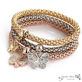 Vintage 3pcs/Set Women Rhinestone Butterfly Charm Bracelet Popcorn Chain Bangle Fine Jewelry Gifts