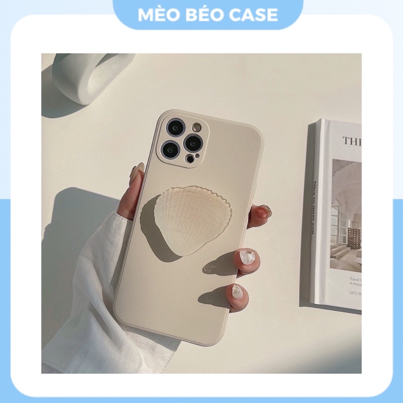 (SIÊU RẺ) Ốp lưng iphone trơn màu kem, đính kèm giá đỡ vỏ sò 6/6plus/6s/6splus/7/7plus/8/8plus/x/xr/xs/11/12/13/pro/max