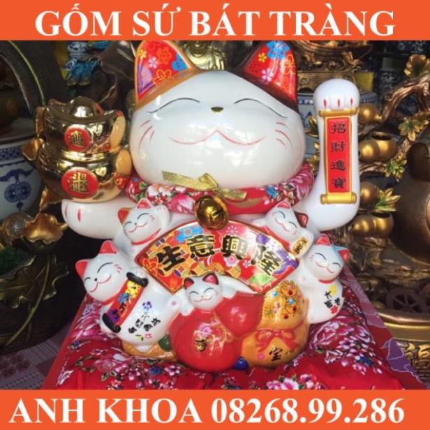 Mèo Thần Tài vẫy tay Bát Phương Chiêu Tài Lộc cao 25cm - Gốm sứ Bát Tràng Anh Khoa