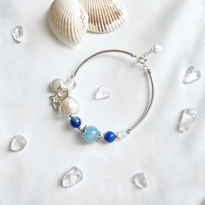 Kiềng bạc phối đá Phong thuỷ Aquamarine Thiên nhiên
