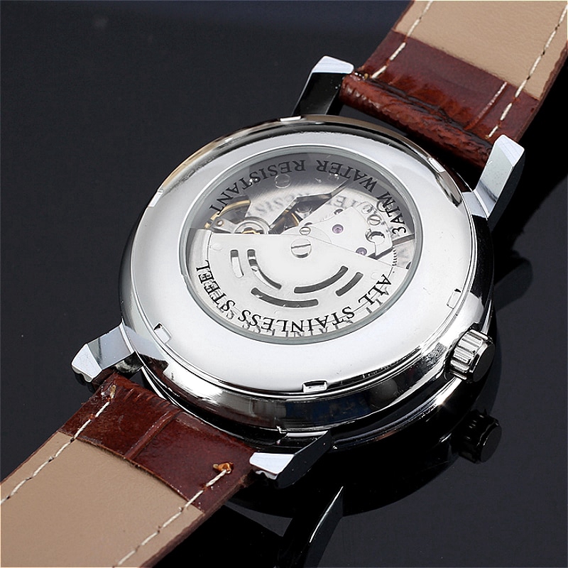 WINNER Top Brand Men Auto Mechanical Watch Date Sub-dial Skeleton Hollow Out Self-winding Genuine Leather Strap Watches