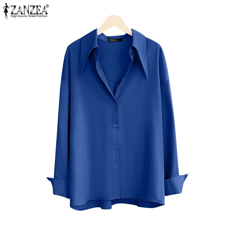 Áo sơ mi nữ ZANZEA tay dài dáng rộng cài nút màu trơn đơn giản dễ phối đồ