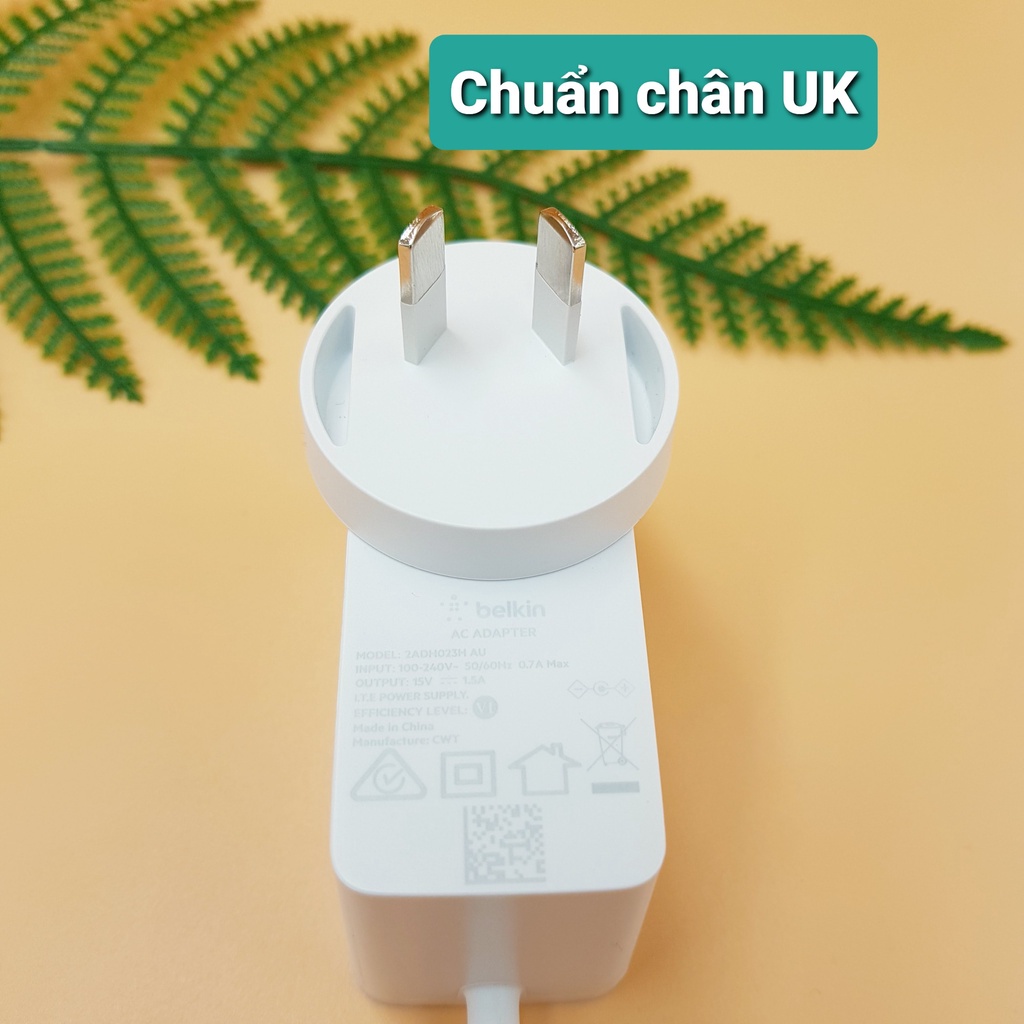 Củ Sạc Nhanh 22.5W Chính Hãng Belkin 2ADH023H💦Bộ chuyển đổi AC/DC 15V 1.5A Kiểu Chân UK Cho Đế Sạc Không Dây