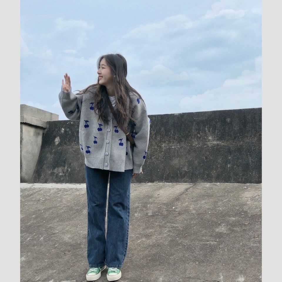 Áo Khoác Cardigan Dệt Kim Dáng Rộng In Họa Tiết Cherry Thời Trang Phong Cách Hàn Quốc Cho Nữ
