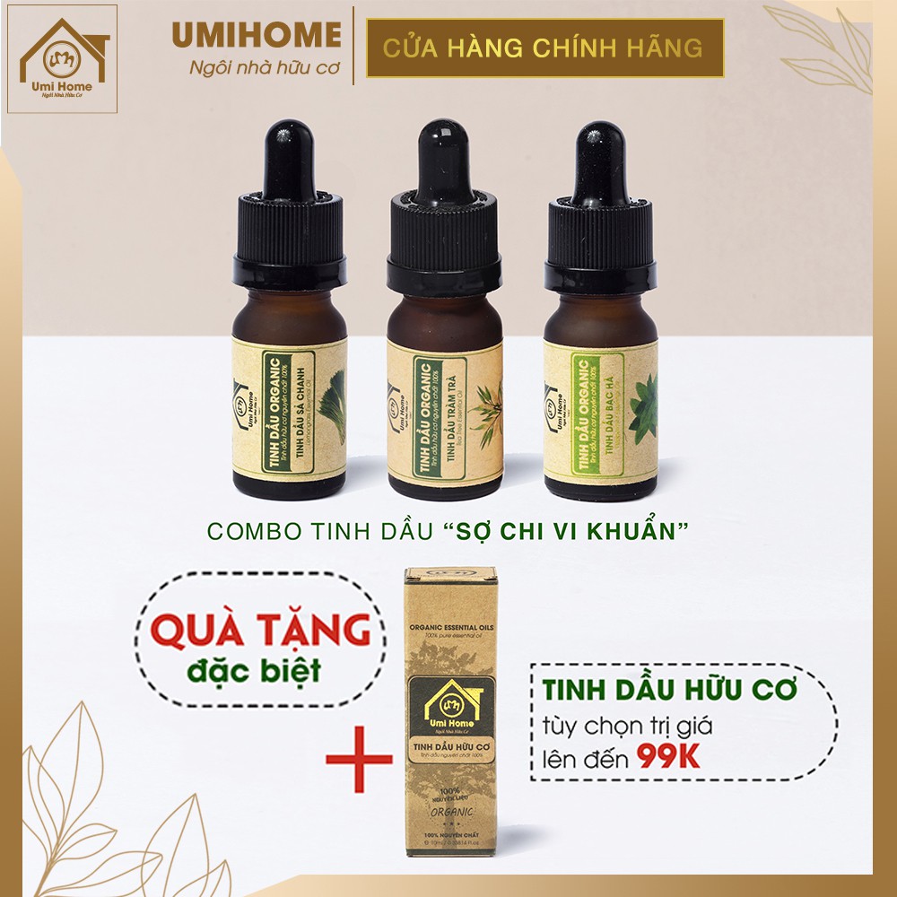 Combo 3 lọ tinh dầu Sợ Chi Vi Khuẩn (Tràm Trà, Bạc Hà, Sả Chanh) 10ml nguyên chất | Tặng kèm tinh dầu tuỳ chọn