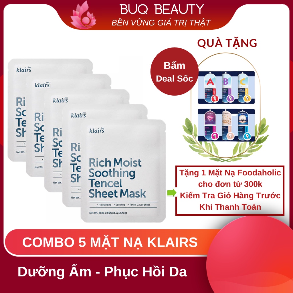 Combo 5 Mặt Nạ Dưỡng Ẩm, Phục Hồi Da Dear Klairs Rich Moist Soothing Tencel Sheet Mask