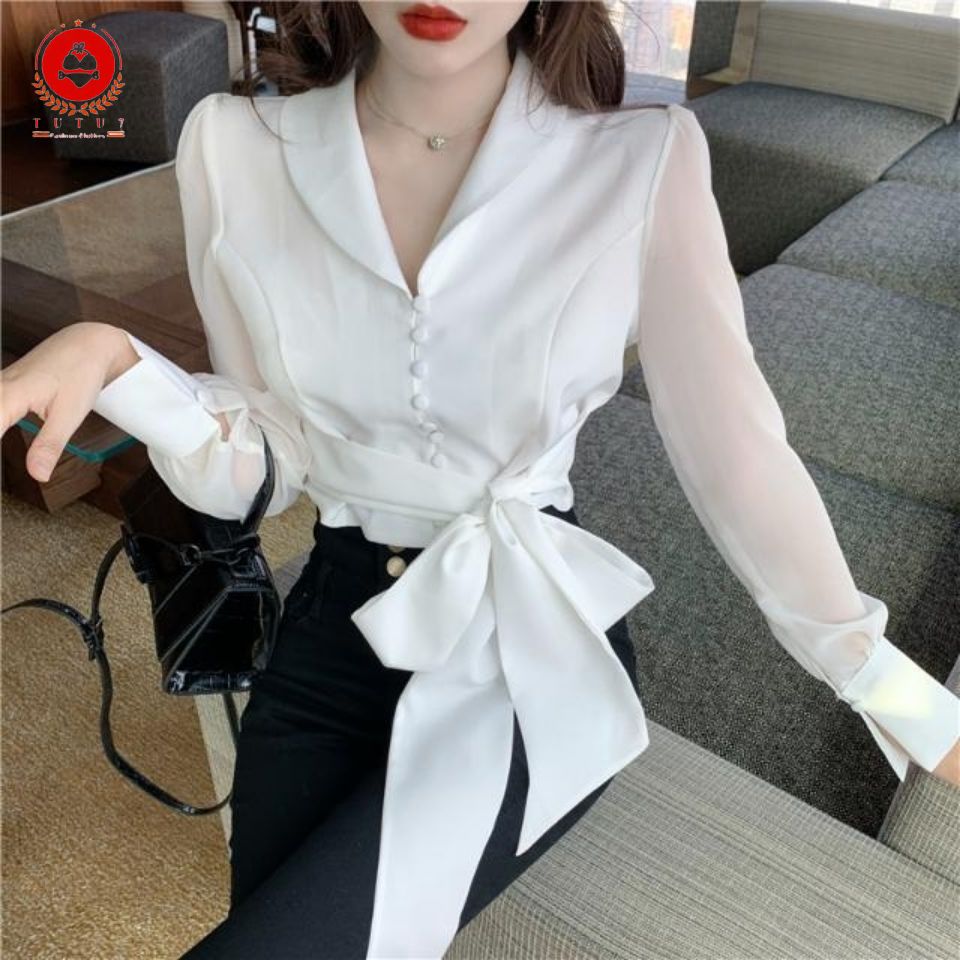 Áo Sơ Mi Chiffon Nữ Dài Tay Cổ Chữ V Thắt Nơ Thời Trang