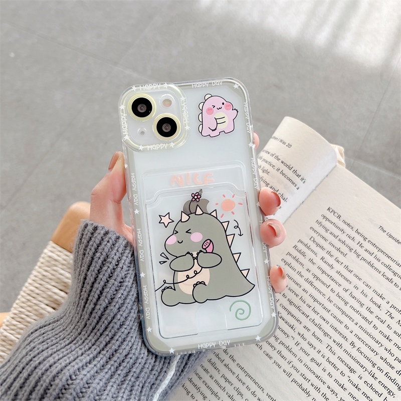 Ốp Điện Thoại Họa Tiết Khủng Long Hoạt Hình Dễ Thương Kèm Ngăn Đựng Thẻ Chống Sốc Cho Iphone