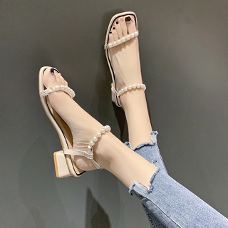 Sandal nữ quai ngang ngang mảnh đính đá đế vuông 4 phân