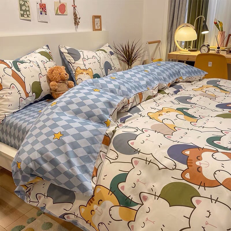 Set Chăn Ga Cotton Poly Biệt Đội Mèo Đanh Mát Bền Đẹp (Shinbedding_store)