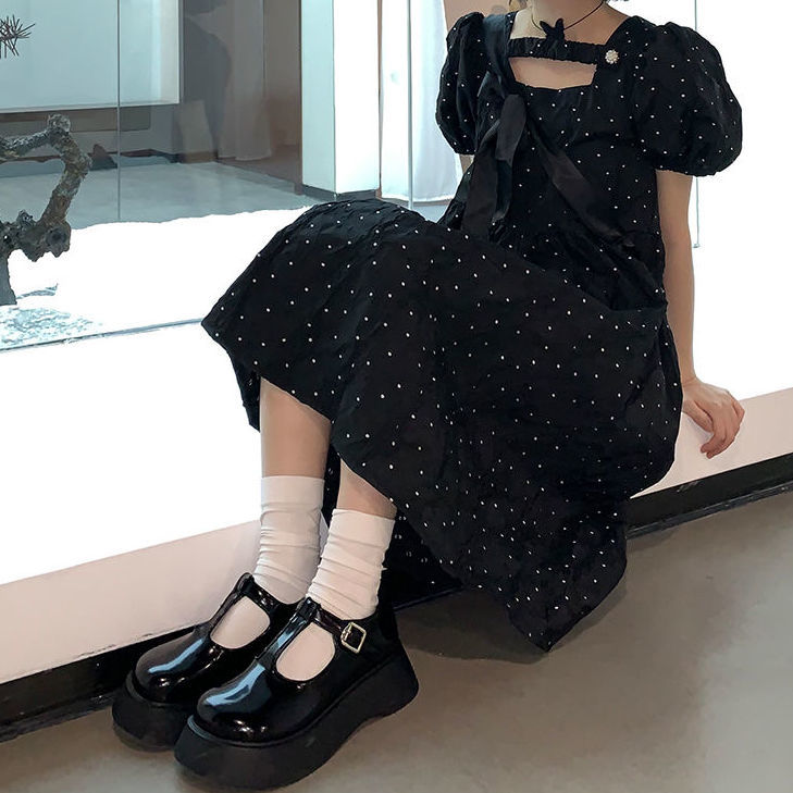 Đầm tay phồng cổ vuông lưng cao phong cách Retro Pháp thời trang cho nữ