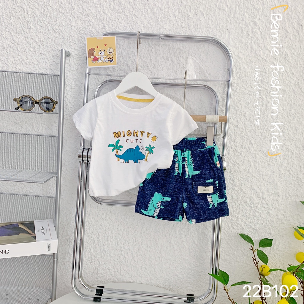 Bộ cotton cộc tay quần đùi hoạ tiết khủng long cho bé trai, bộ thun mềm mát mùa hè