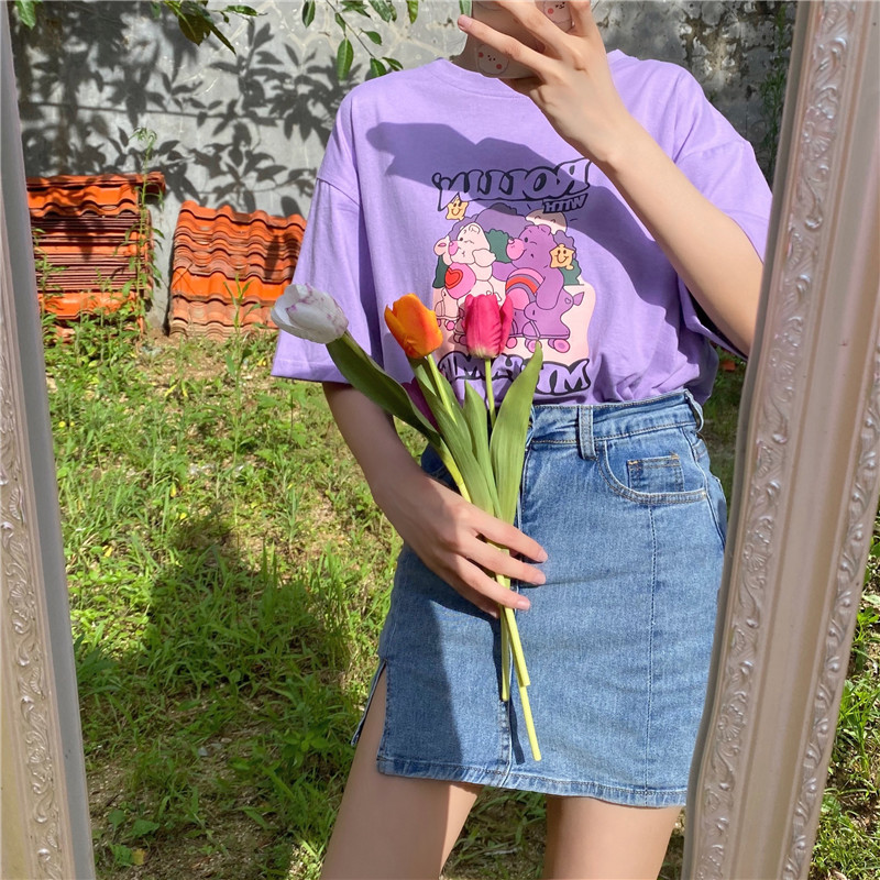 Áo Thun Nữ Tay Ngắn Dáng Rộng In Hình Cá Tính Phong Cách Hàn Quốc