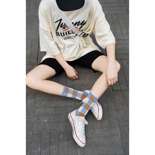 Tất vớ cổ cao cotton nam nữ cao cấp unisex kẻ ô họa tiết Solid Blue trend BT6