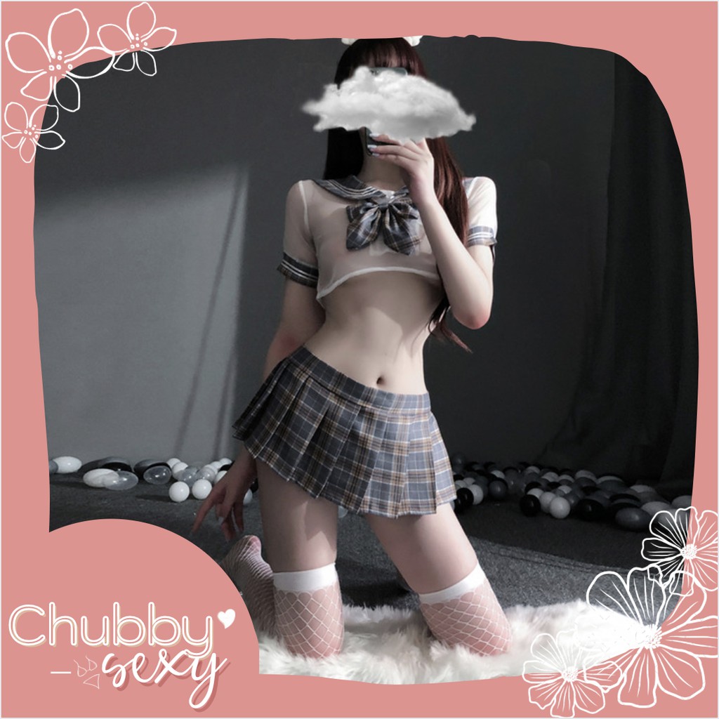 Cosplay Học Sinh Sexy - Đồ Lót Nữ Sexy - Set đồ ngủ cosplay học sinh áo vải voan mờ váy xếp ly - CPL19 - Chubby.Sexy