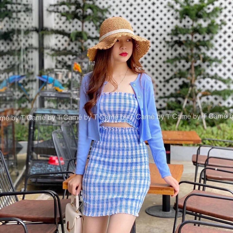 ♥️ SET ĐẦM CARO XANH NHÚN CHỈ HỞ EO KÈM ÁO KHOÁC XANH ♥️