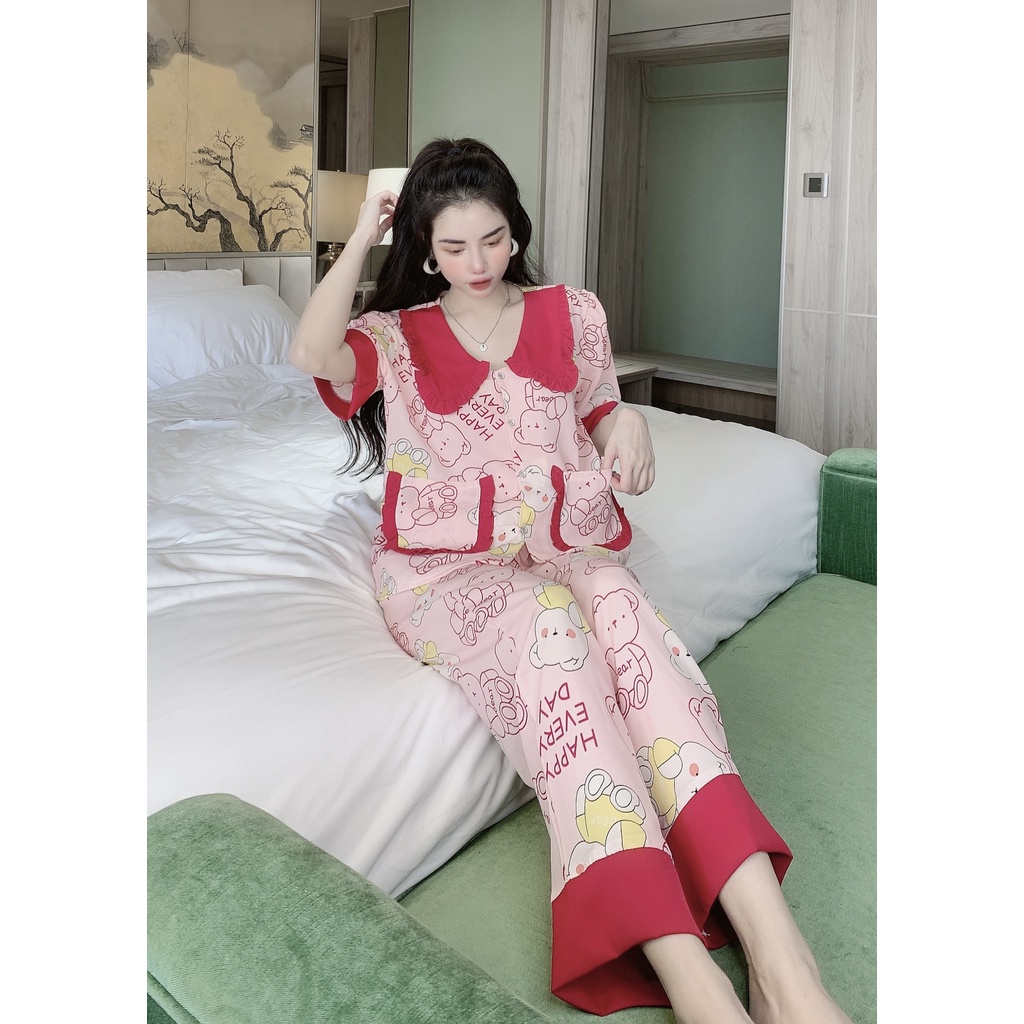 Đồ Bộ Pijama Nữ Lụa Mango Cao Cấp,Tay Cộc Quần Dài,Hàng Thiết Kế Tiểu Thơ